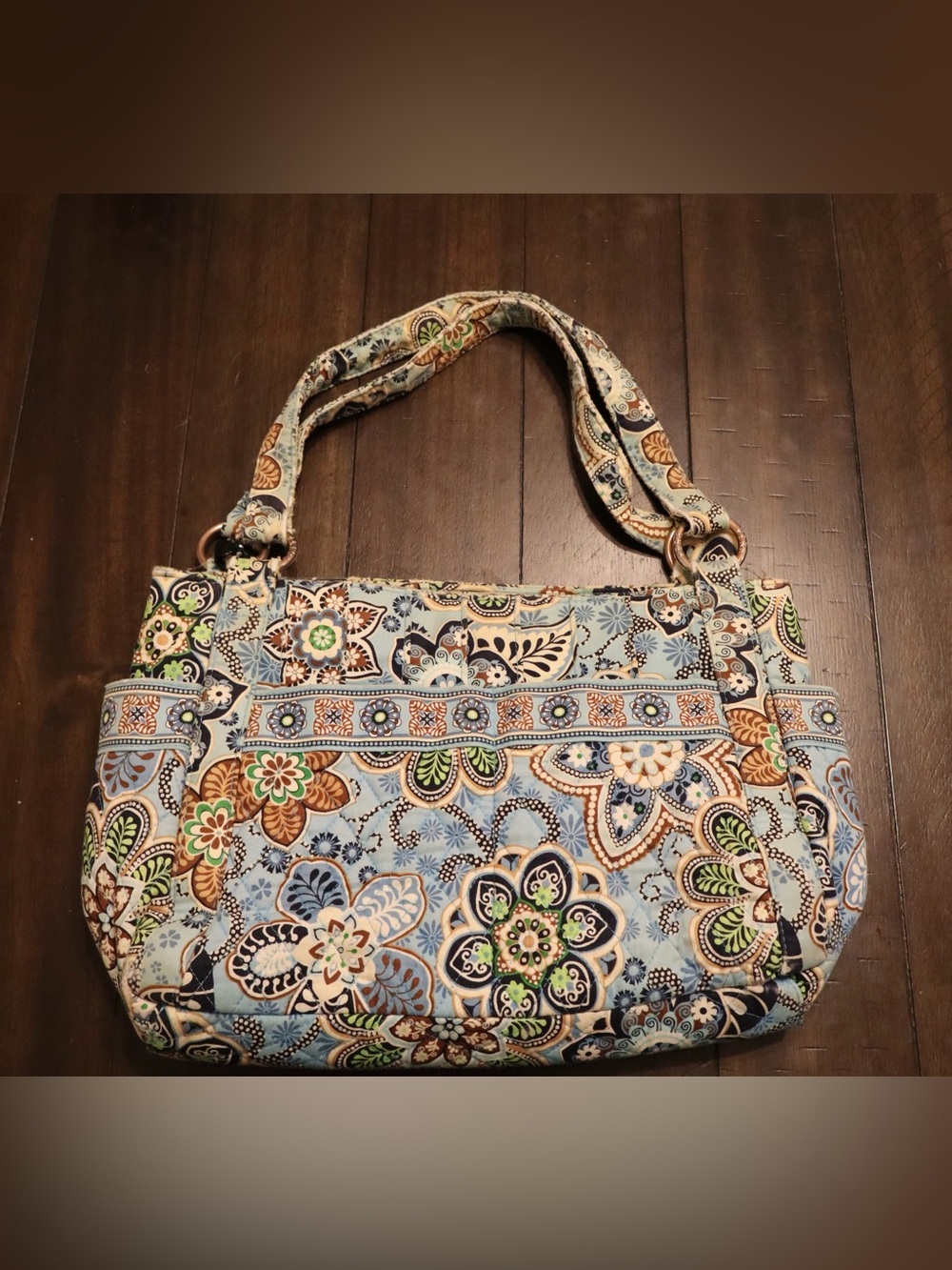 Vera Bradley Light Blue Floral Quilted Tote with Green and Brown Accents